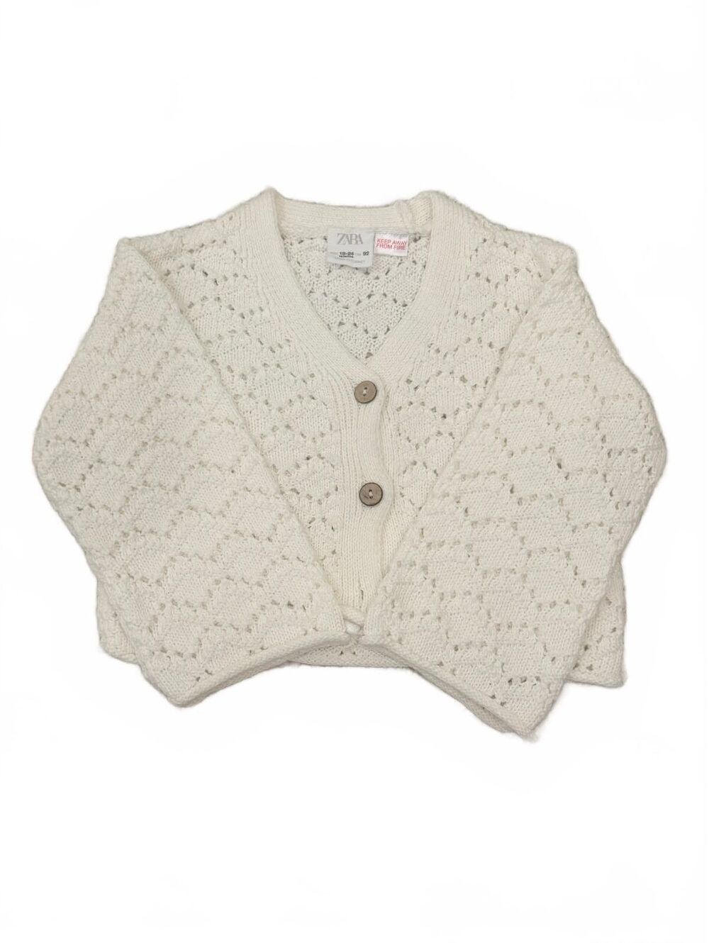 ZARA Kids Girls Ivory Openwork Pointelle Knit Cardigan Sweater 18-24 Mos 1.5-2Y